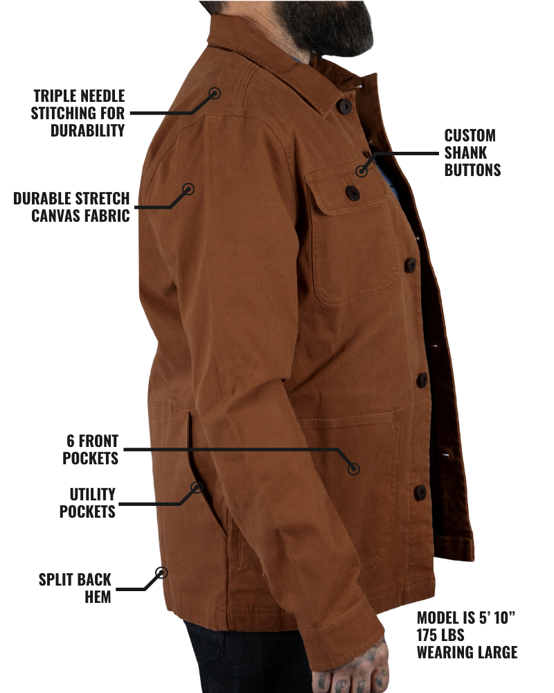 Black Heston Chore Coat jacket by Off The Grid Surplus, shown in a close-up image highlighting durable fabric and classic design.