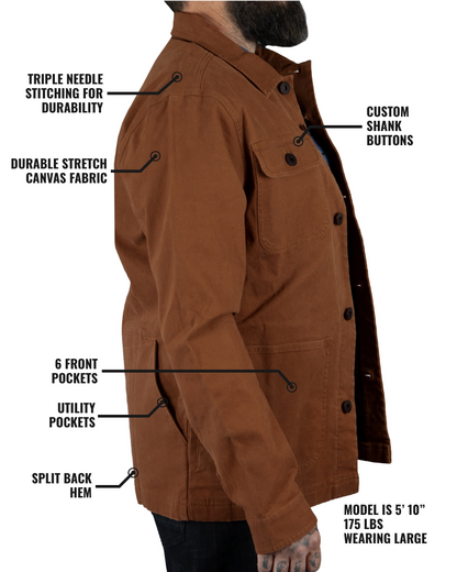 Off The Grid Surplus Heston Chore Coat jacket in tobacco color, featuring durable fabric and classic workwear design.