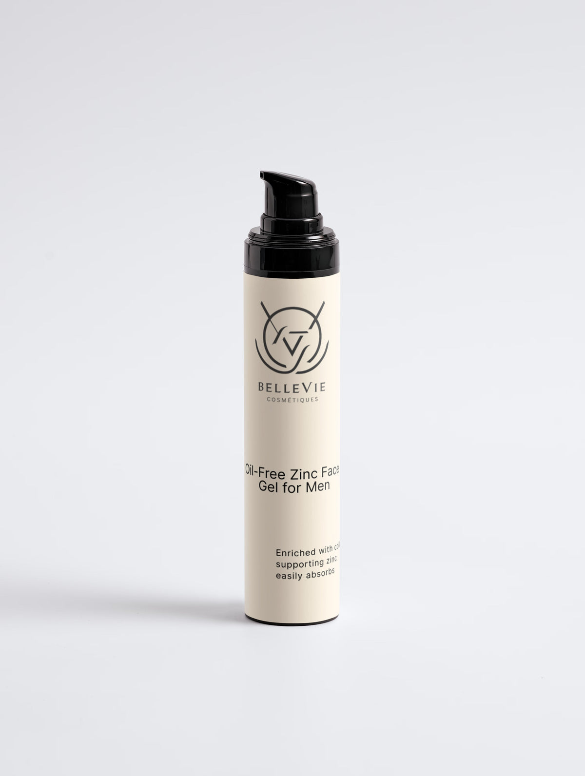 Oil-free zinc face gel for men by BelleVie Cosmétiques, 50ml, soothing, controlling oil, and protecting skin.