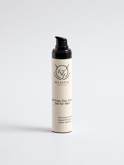 Oil-free zinc face gel for men by BelleVie Cosmétiques, 50ml, soothing, controlling oil, and protecting skin.