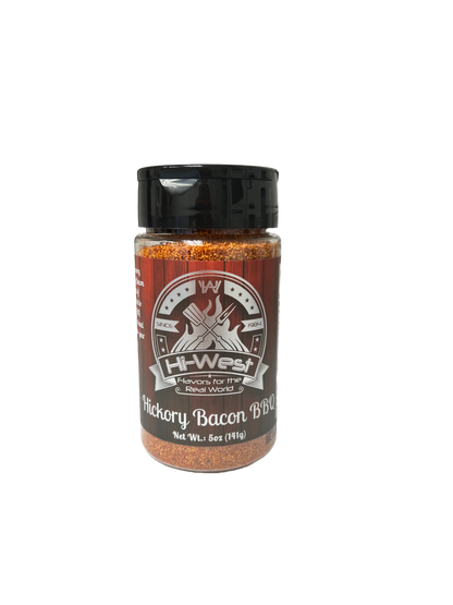 Hi-West Hickory Bacon BBQ Seasoning in a jar, featuring smoky hickory flavor and bacon seasoning for grilling and barbecues.