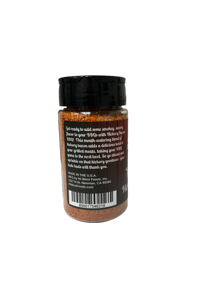 Hi-West Hickory Bacon BBQ Seasoning jar with labeled spice blend for grilling and seasoning meats.