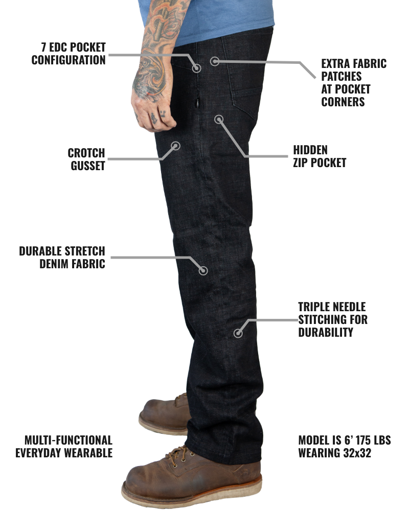 Black Hideout Denim Taper Fit Pants by Off The Grid Surplus, featuring a slim taper design and classic denim texture.