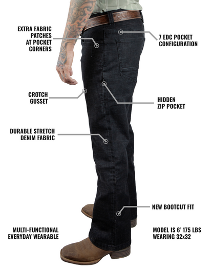 Black Hideout Denim Boot Cut pants by Off The Grid Surplus, featuring classic denim fabric and a relaxed boot cut fit.