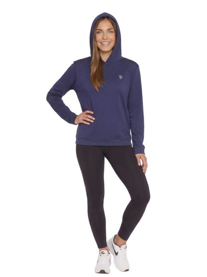 Navy Women's Hillside Hoodie by White Water Life, featuring a comfortable fit and casual style with a hood and front pocket.