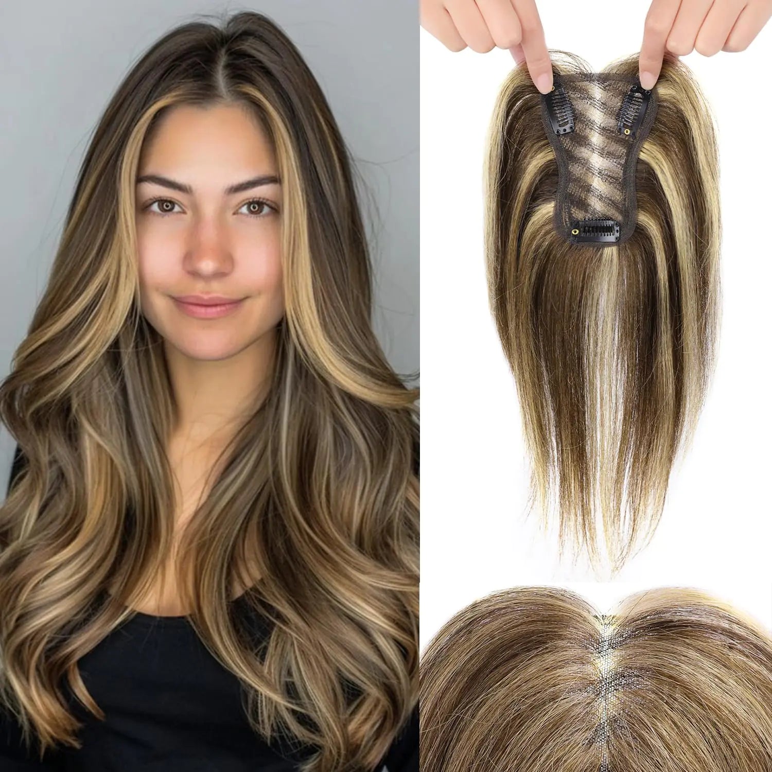 Uaismewow Hair Toppers for Women Real Human Hair Clip in Hair Toppers Real Human Hair 10 Inch Hair Pieces for Women Real Hair Toppers for Thin Hair Medium Brown with Warm Highlights