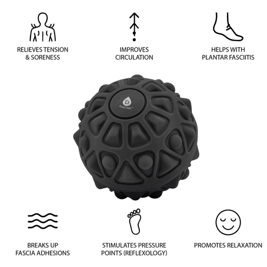 Pursonic vibrating massage ball used for deep tissue relief, showing a handheld massager with textured surface and ergonomic design.