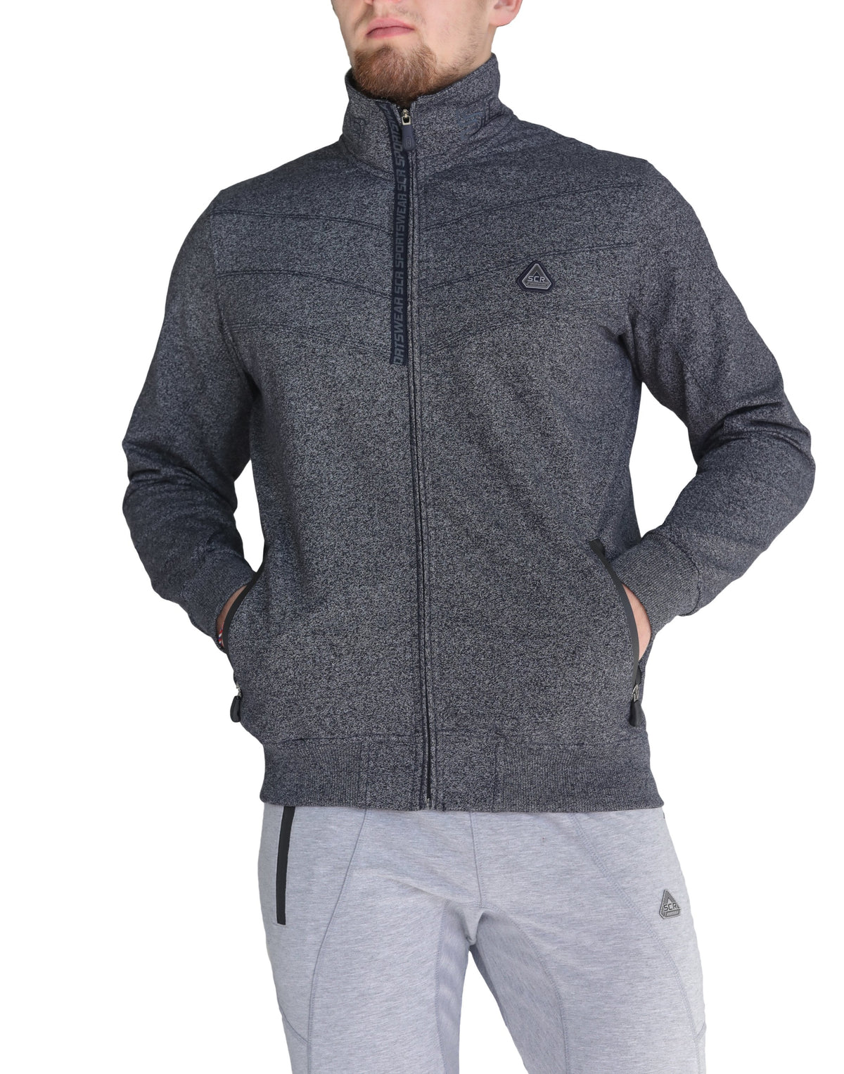 Men's SCR Sportswear All-Day Comfort Full Zip Sweatshirt, athletic-casual bomber jacket with a full zipper and ribbed cuffs.