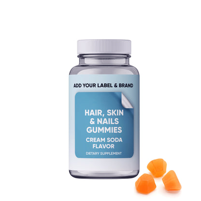 Tapioca Hair, Skin, & Nails supplement bottle from Your Label with supplement capsules on a white background.
