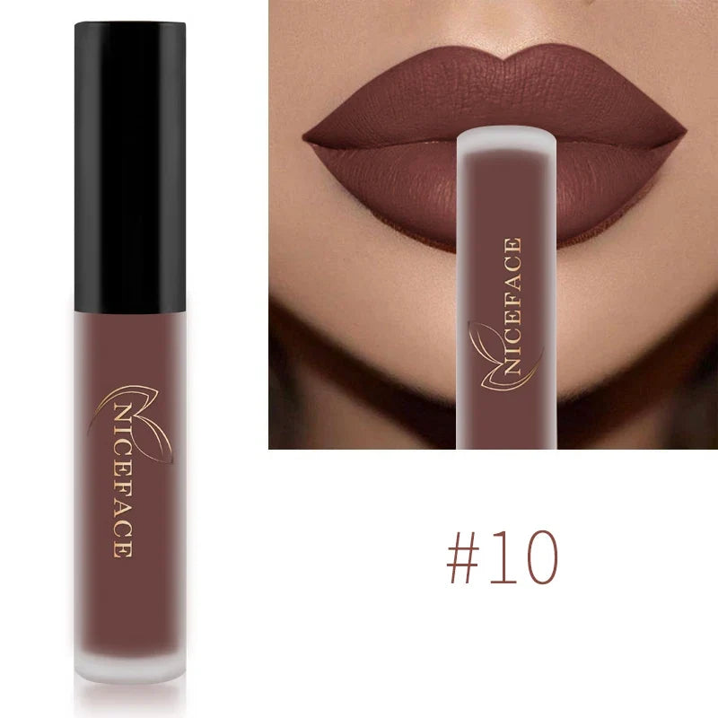Blushimmer NICEFACE matte liquid lipstick in sexy red, nude, purple, and metallic shades, featuring waterproof, long-lasting lip glosses.