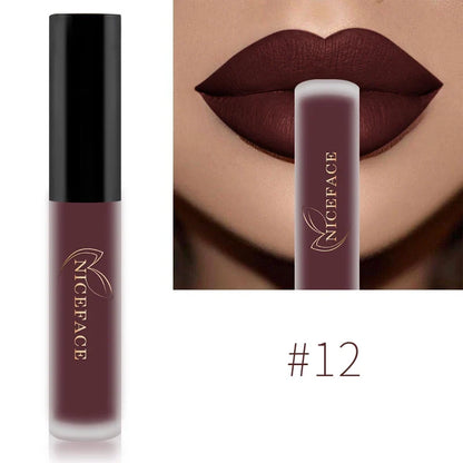 Blushimmer NICEFACE nude liquid lipstick in waterproof velvet matte finish, showing the long-lasting, non-stick lip tint application.