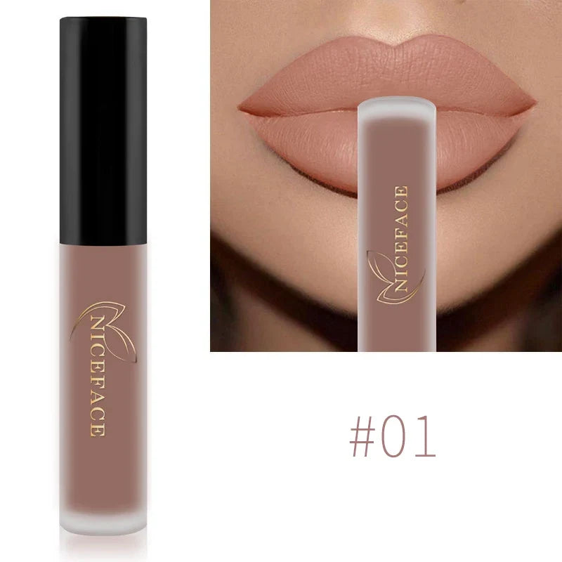 Blushimmer NICEFACE waterproof matte liquid lipstick in sexy red, nude, purple, and metallic shades, shown in sleek tubes.
