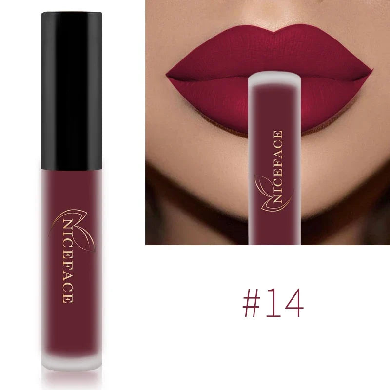 Blushimmer NICEFACE matte liquid lipstick in sexy red, nude, purple, and metallic shades, waterproof long-lasting lip gloss tint.
