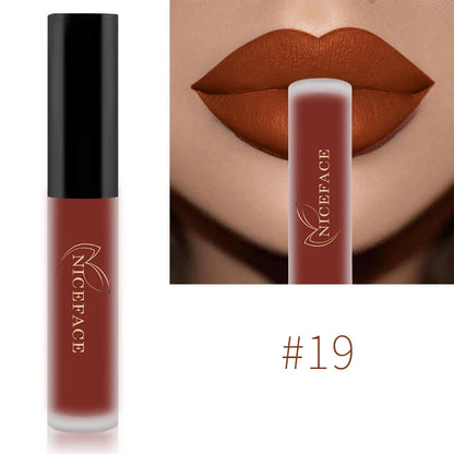 Blushimmer NICEFACE Nude Liquid Lipstick in waterproof velvet matte finish, showing smooth, long-lasting lip gloss on lips.
