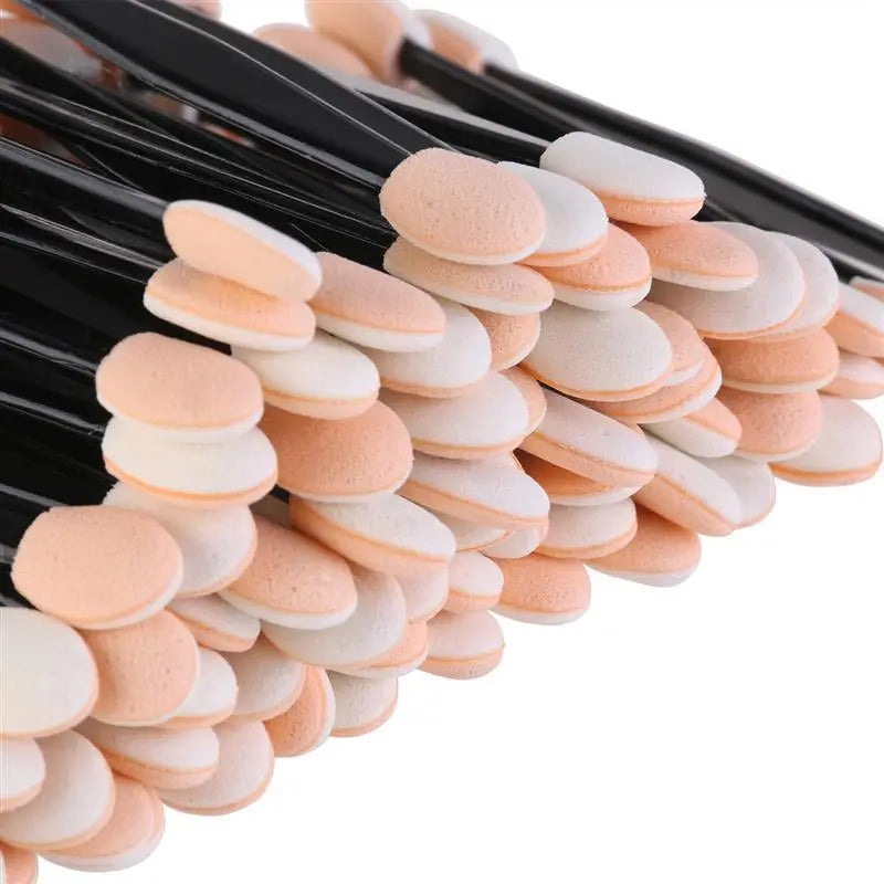 Blushimmer dual-sided eyeshadow sponge brushes set with 5, 30, 50, or 100 pieces for makeup and cosmetic application.