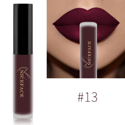 Blushimmer NICEFACE matte liquid lipstick in sexy red, nude, purple, and metallic shades, waterproof long-lasting lip gloss tint.