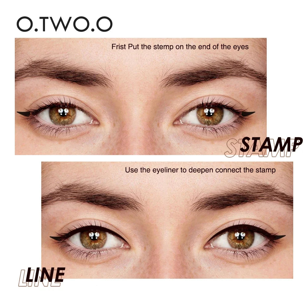 Black waterproof liquid double-ended eyeliner stamp pen by Blushimmer, featuring precise applicator tips for eye makeup.
