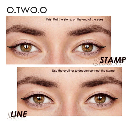 Black waterproof liquid double-ended eyeliner stamp pen by Blushimmer, featuring precise applicator tips for eye makeup.