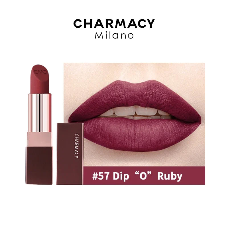 Blushimmer matte red velvet lipstick showing smooth, natural finish on lips, perfect for a durable, easy-to-wear lip makeup look