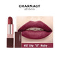 Blushimmer matte red velvet lipstick showing smooth, natural finish on lips, perfect for a durable, easy-to-wear lip makeup look