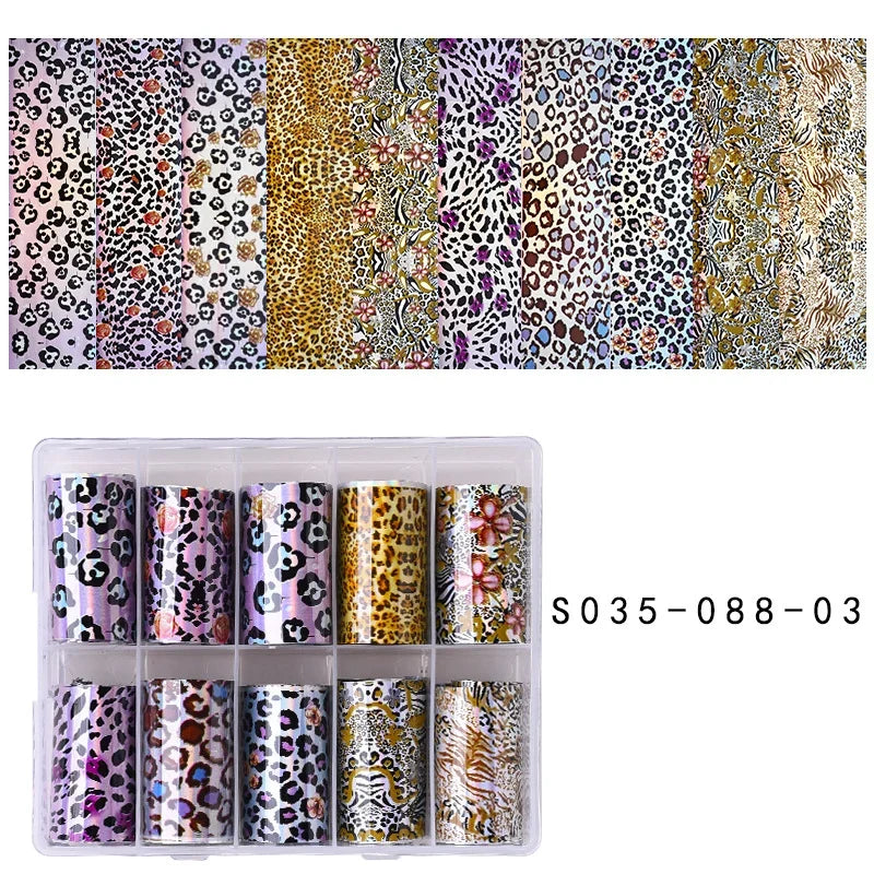 Blushimmer leopard print nail foils and animal skin stickers for nail art, featuring amber and snake skin designs in a manicure set.