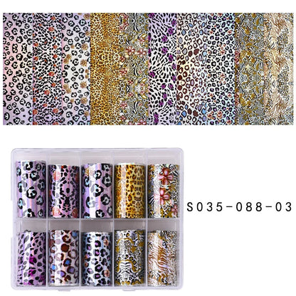 Blushimmer leopard print nail foils and animal skin stickers for nail art, featuring amber and snake skin designs in a manicure set.