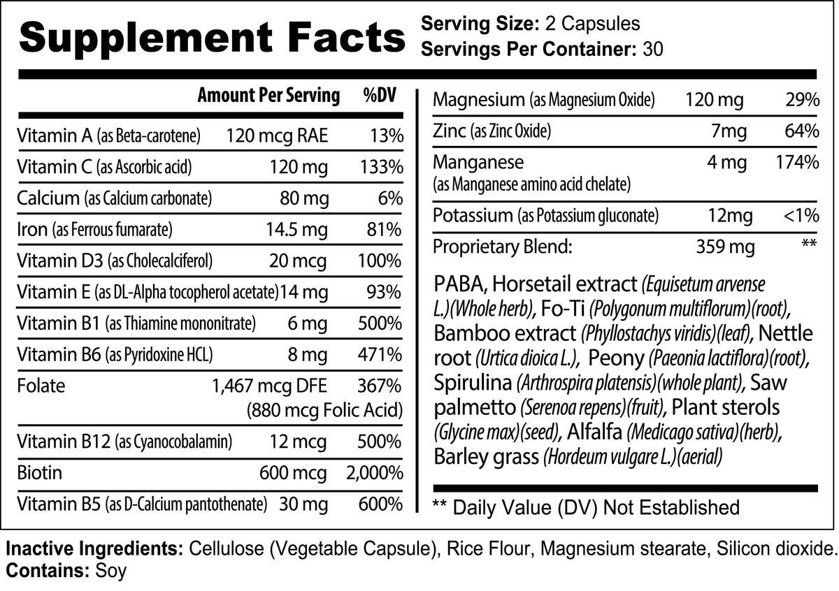 Nutra Moment Hair, Skin & Nail supplement facts label showing ingredients and nutritional information for health and beauty support.