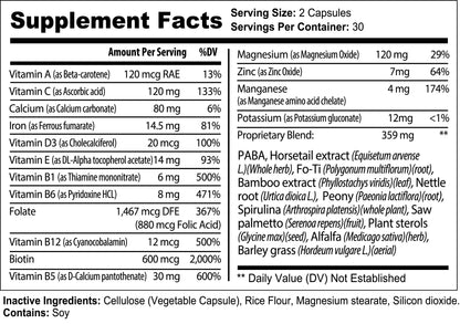 Nutra Moment Hair, Skin & Nail supplement facts label showing ingredients and nutritional information for health and beauty support.