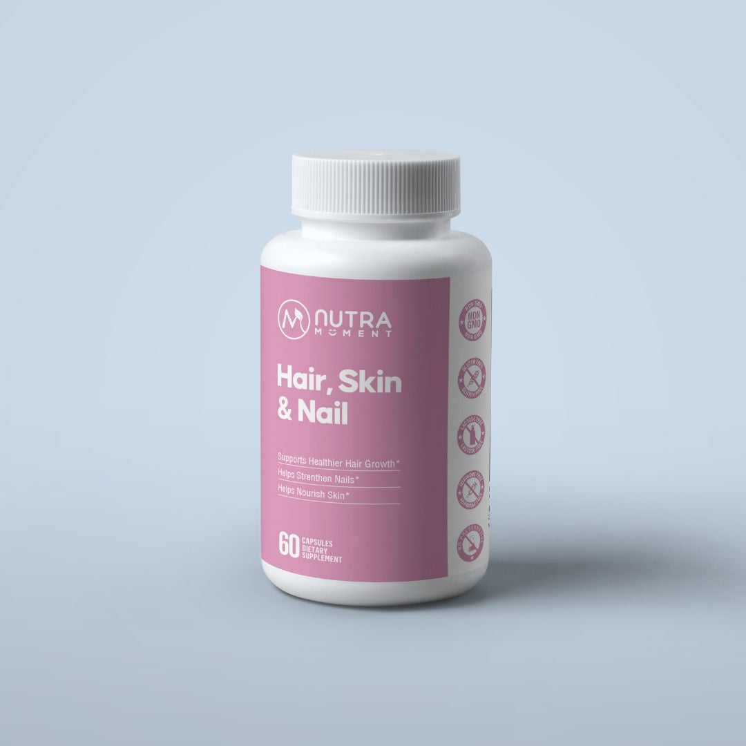 Nutra Moment Hair, Skin & Nail supplement bottle with capsules, promoting healthy hair, skin, and nails.