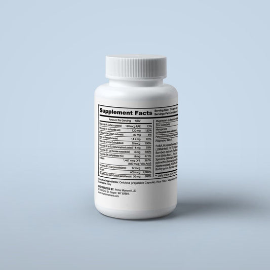 Nutra Moment Hair, Skin & Nail supplement bottle with capsules, showing the health and beauty product for hair, skin, and nails.
