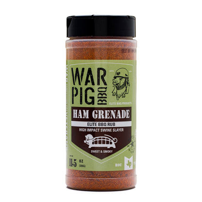 WarPig BBQ Ham Grenade with sliced ham and spicy sauce, displayed on a plate for a bold, flavorful presentation.