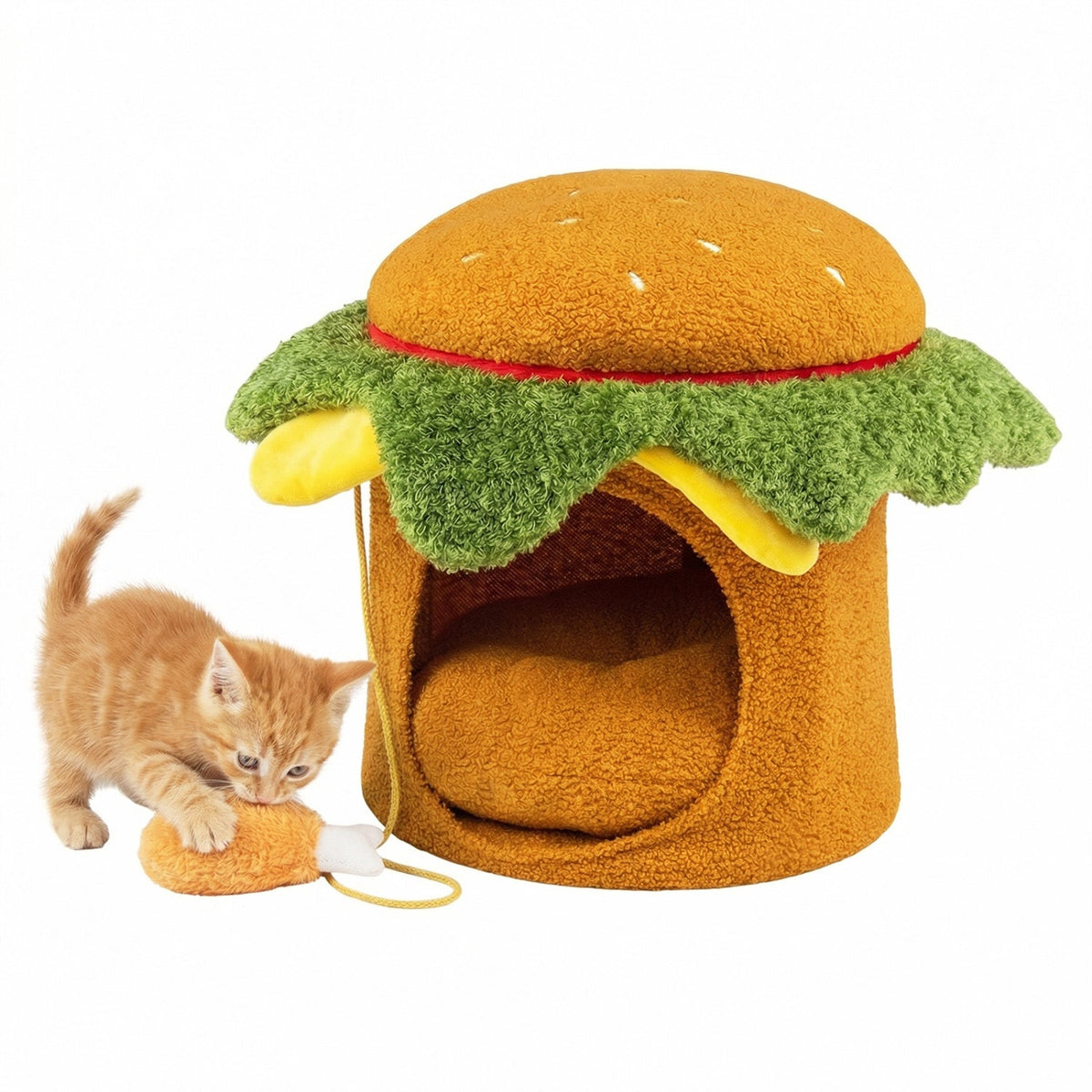 Hamburger-shaped cat nest with removable cushion, includes chicken drumstick toy, ideal for indoor cats, by GBruno Store