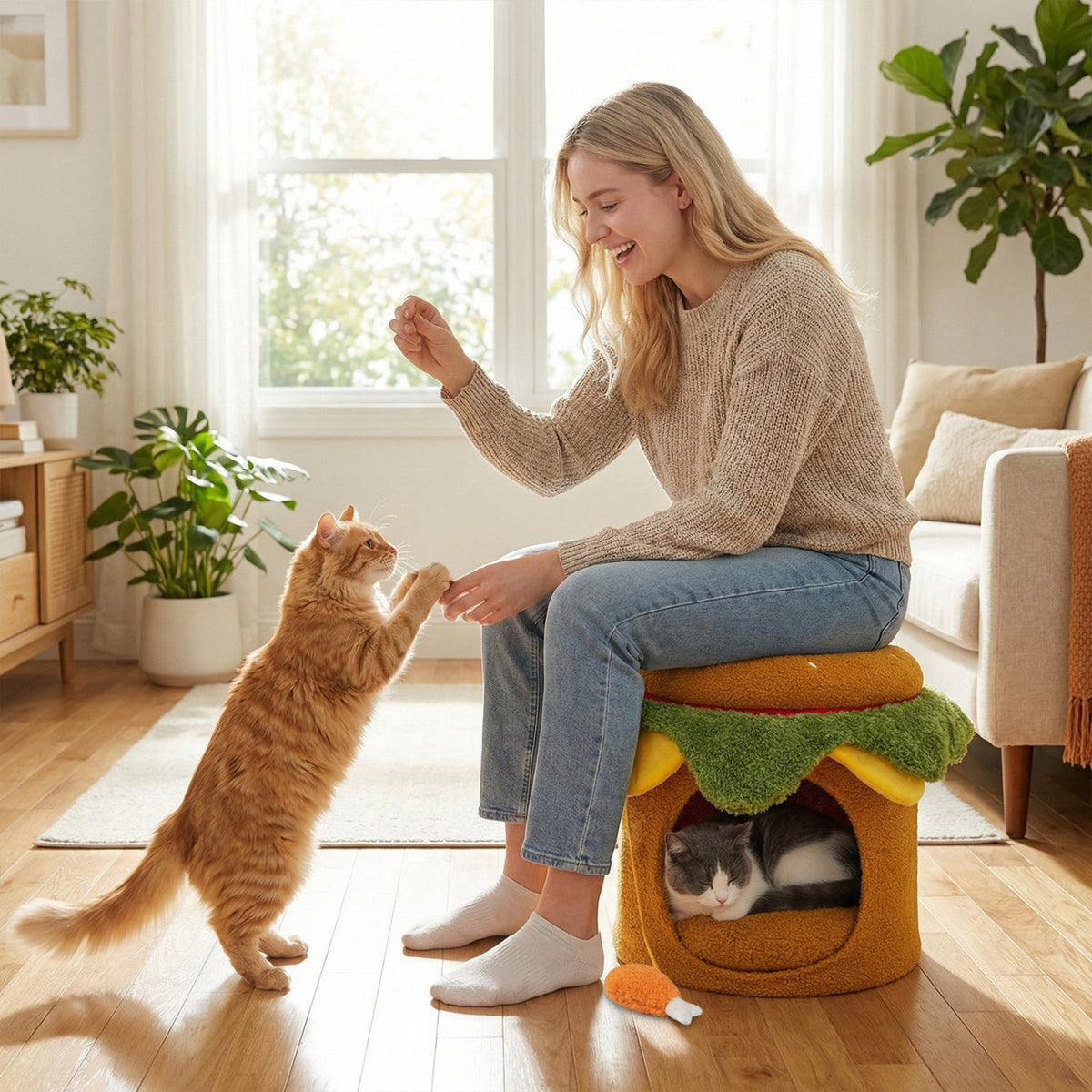 Hamburger-shaped cat nest with removable cushion and chicken drumstick toy for indoor cats, cozy and fun pet bed by GBruno Store
