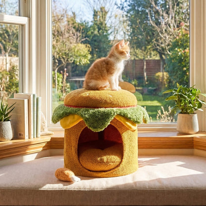 Hamburger-shaped cat nest with removable cushion, featuring chicken drumstick toy for indoor cats, by GBruno Store.