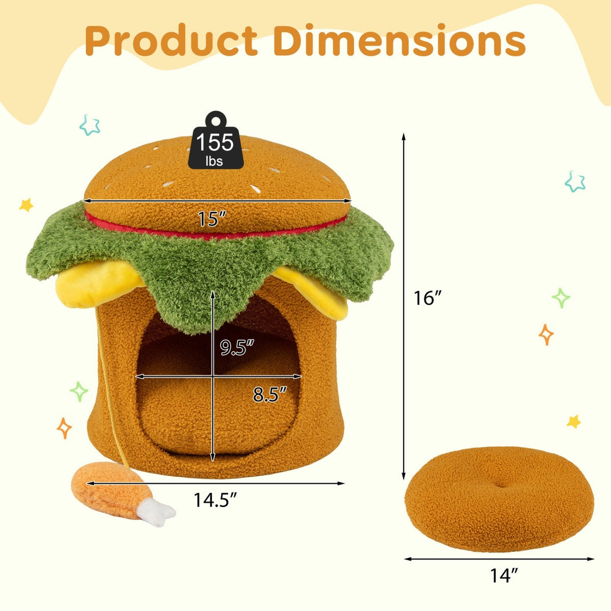 GBruno Store hamburger-shaped cat nest with removable cushion, featuring a chicken drumstick toy for indoor cats.
