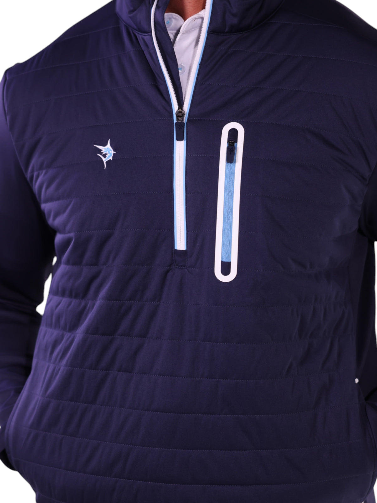 White Water Life Hampton Pullover Technical Layer quarter zip with chest pocket in navy, designed for outdoor comfort and performance.