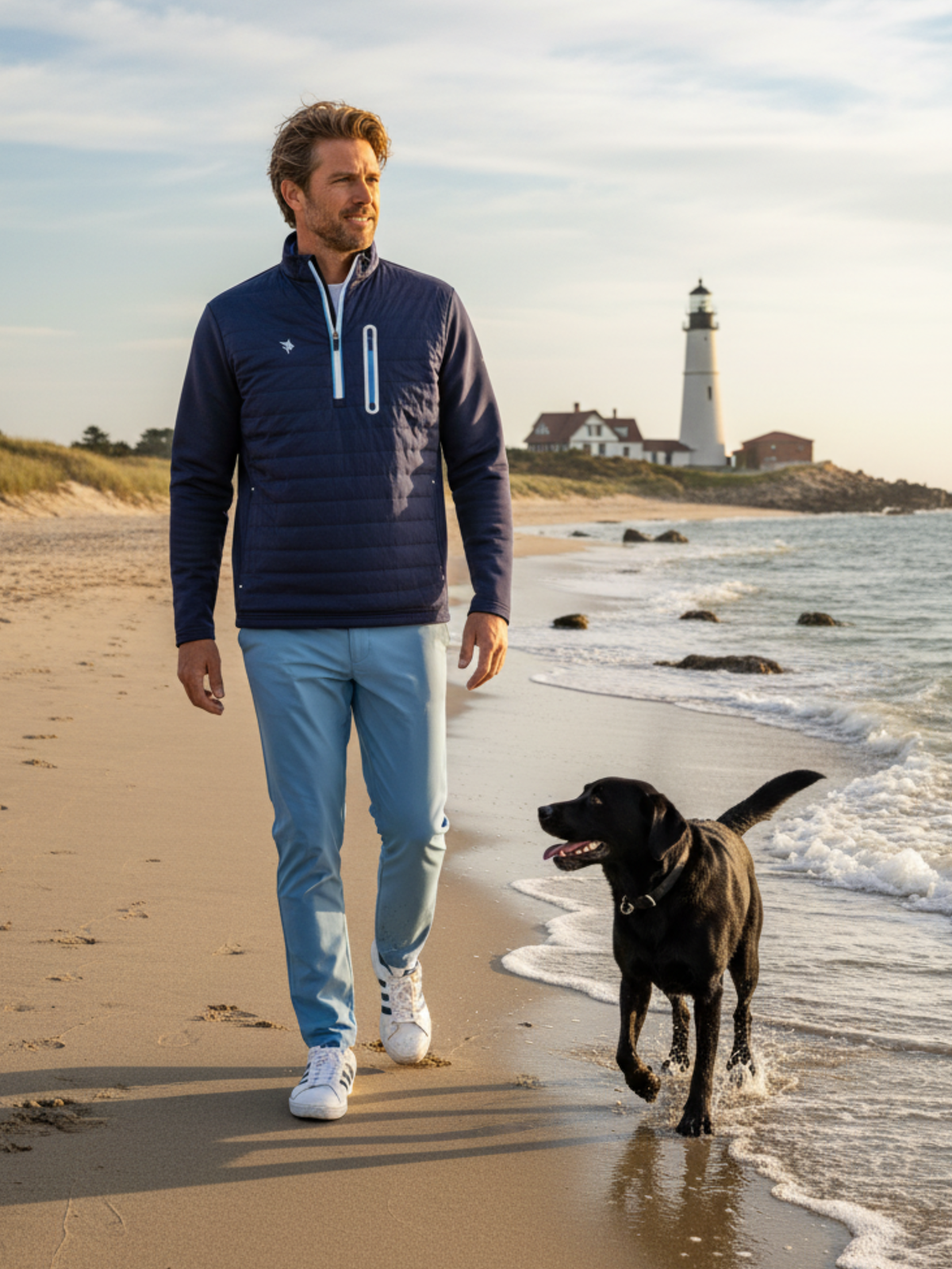 Navy Hampton Pullover Technical Layer quarter zip from White Water Life, shown with a dog on a scenic outdoor background.