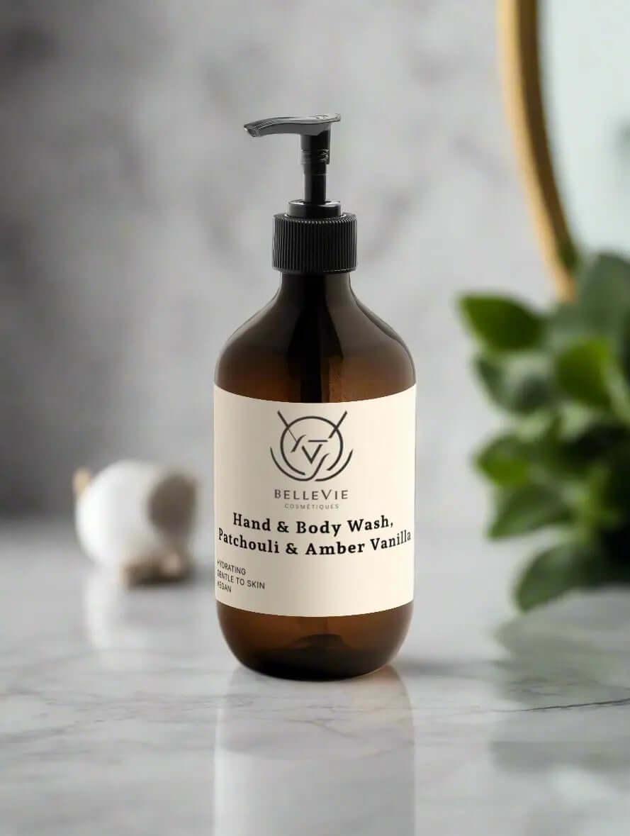 Bottle of Belleviecosmetic Hand & Body Wash with Patchouli and Amber Vanilla scent, 490ml size, featuring a clear label and pump dispenser.