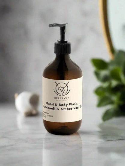 Bottle of Belleviecosmetic Hand & Body Wash with Patchouli and Amber Vanilla scent, 490ml size, featuring a clear label and pump dispenser.