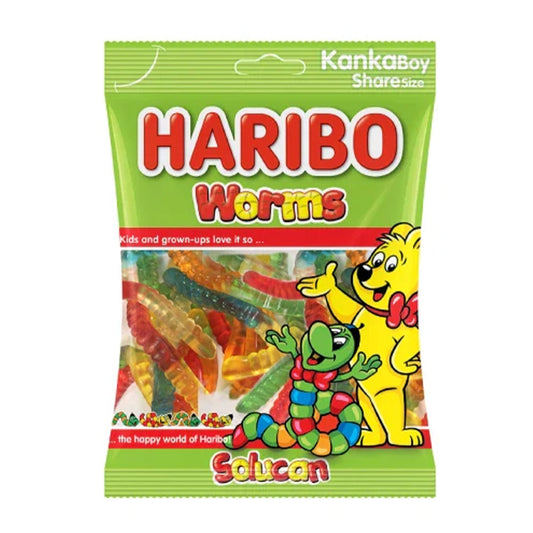Haribo Worms 80g candy bag featuring colorful, gummy worm candies with a shiny, chewy texture from the S101 brand.
