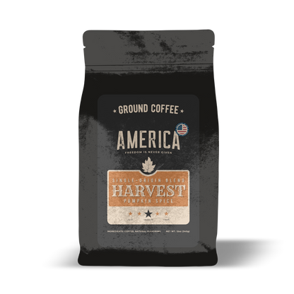 Ground pumpkin spice coffee from Harvest blend by America Supply Company LLC, featuring warm, natural pumpkin spice flavor in a bag.