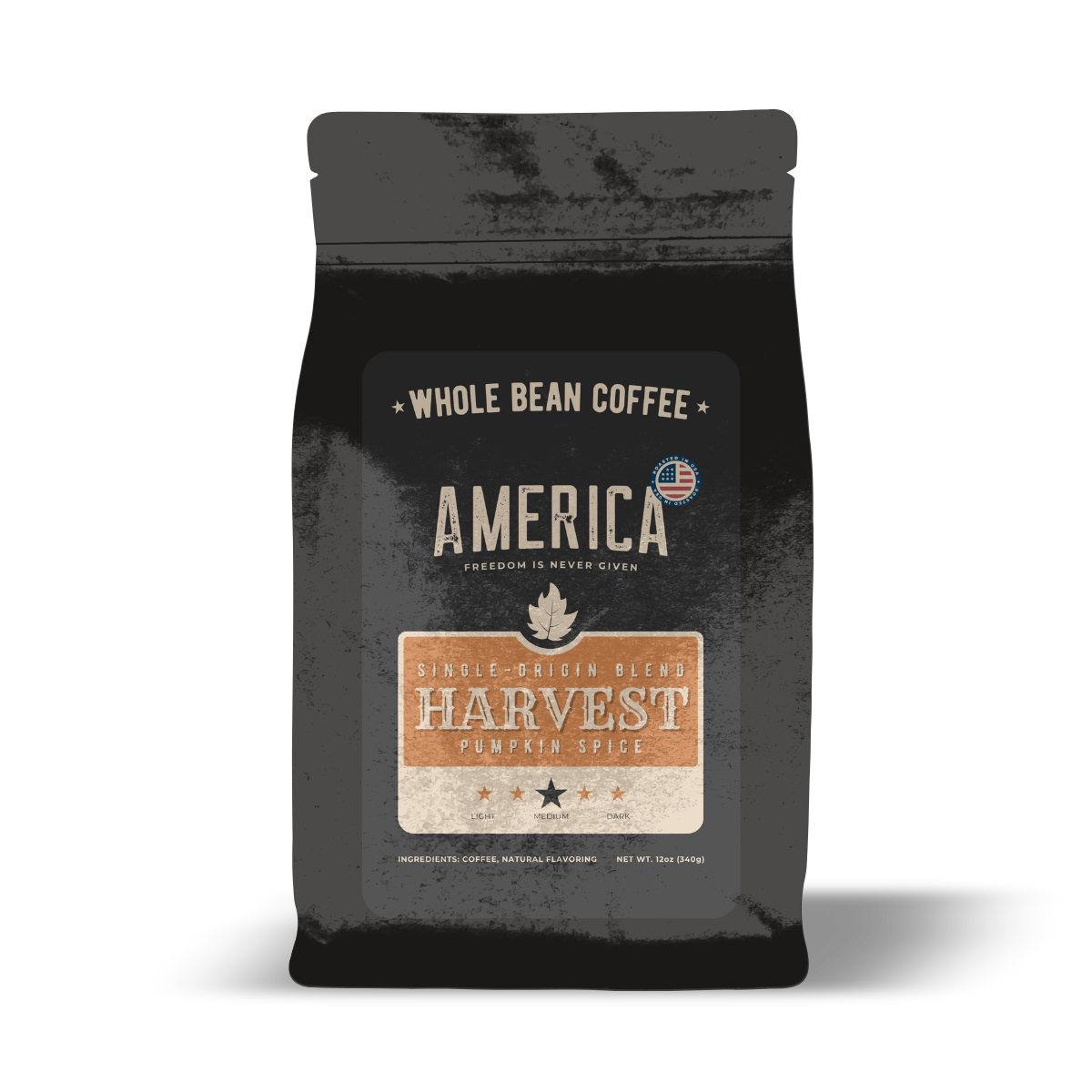 Whole bean Pumpkin Spice coffee from Harvest by America Supply Company LLC, showcasing aromatic roasted coffee beans with seasonal flavor.