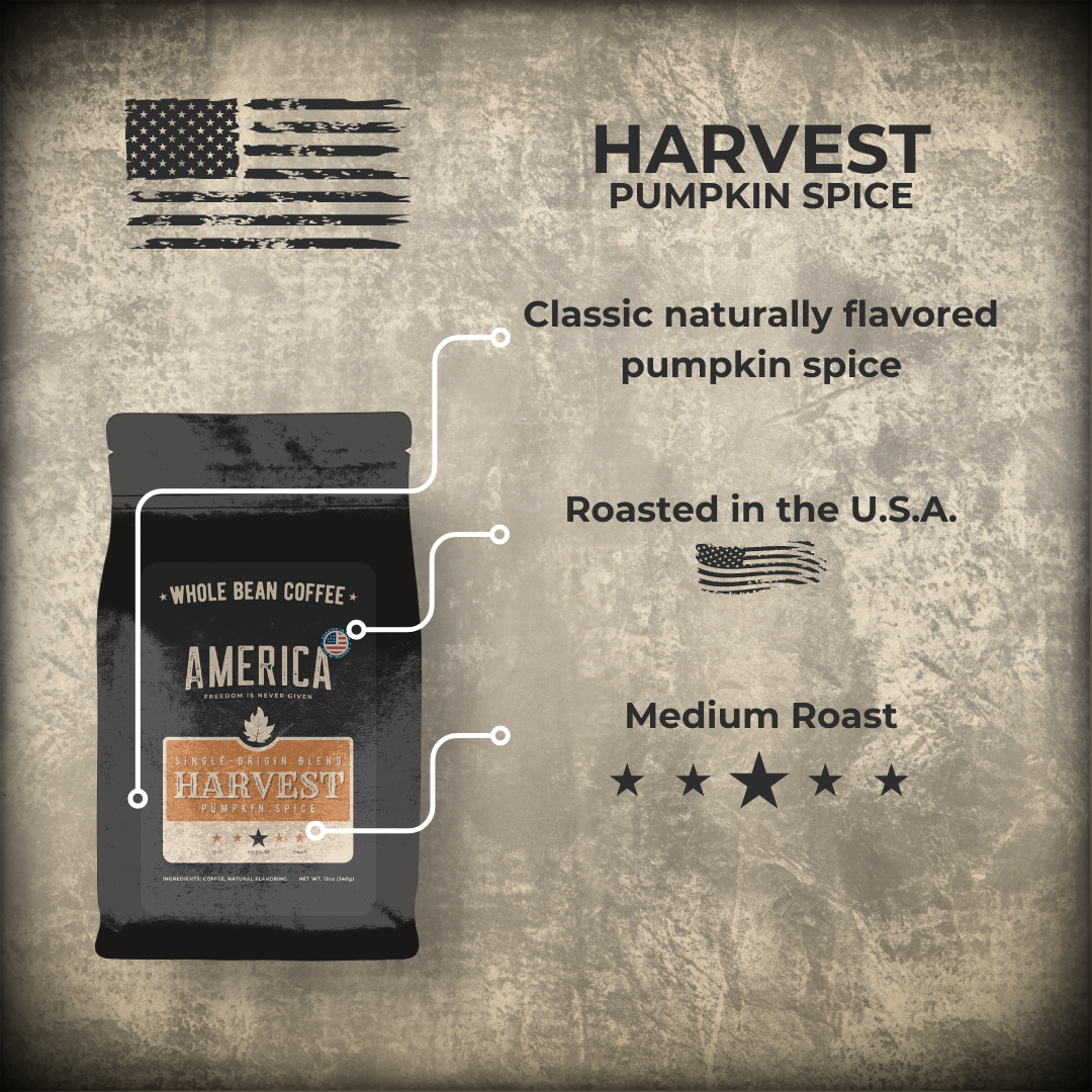 Pumpkin spice flavored coffee by America Supply Company LLC featuring harvest-themed packaging and autumn-inspired design.