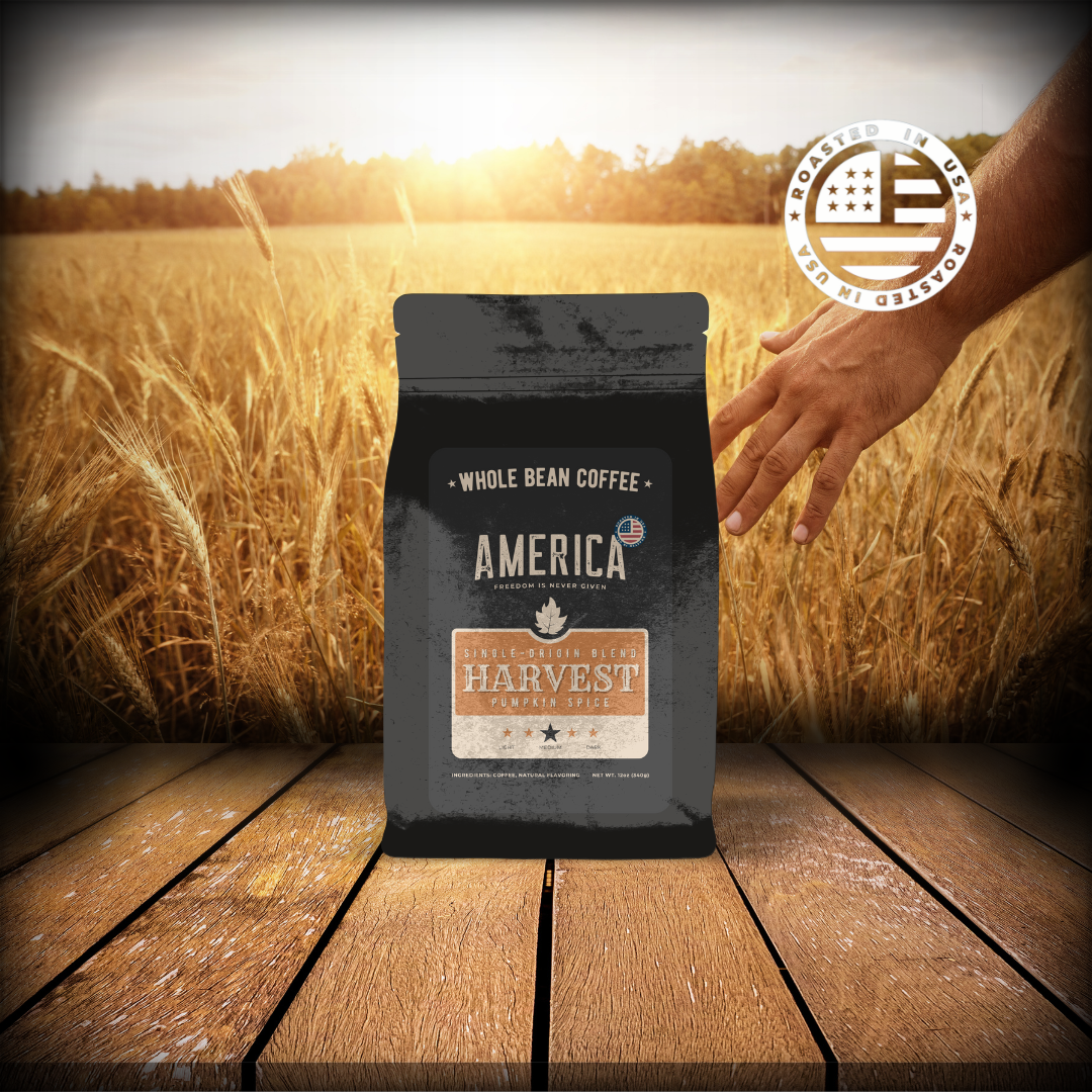Pumpkin spice flavored coffee by America Supply Company LLC with a Harvest-themed label and warm autumn colors
