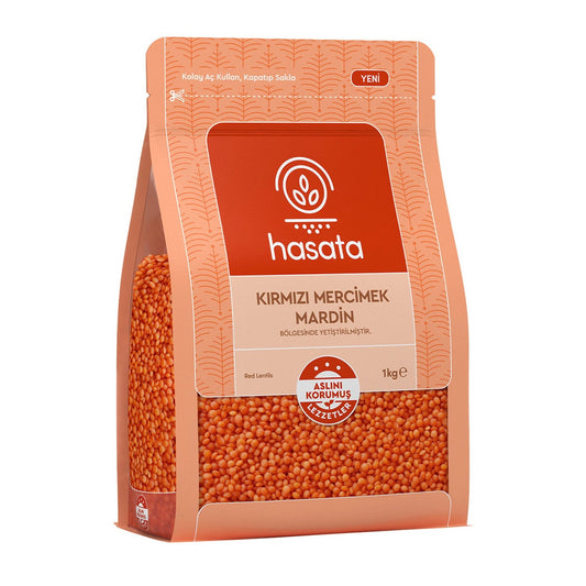 Red lentils in a 1kg bag from S101, showcasing vibrant, dry Hasata red lentils ready for cooking.