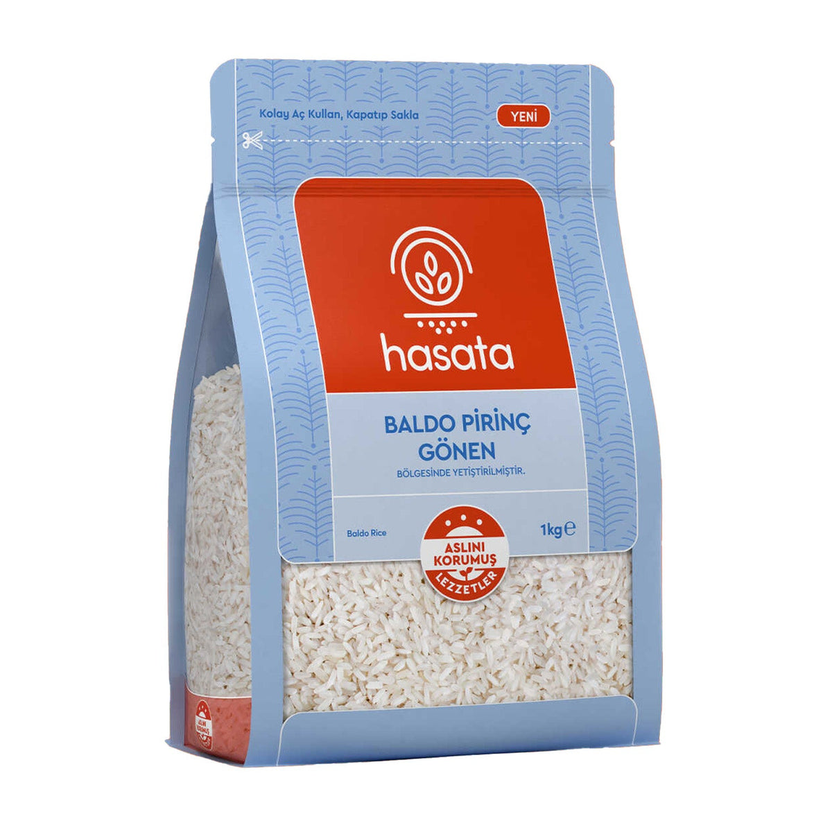 S101 Hasata Rice Baldo 1kg, premium rice grains in a clear bag with a white label, showcasing the rice's texture and packaging.