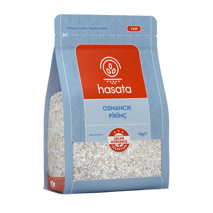 S101 Hasata Osmancik rice in 1kg bag, showing a close-up of the white, fluffy rice grains ready for cooking.
