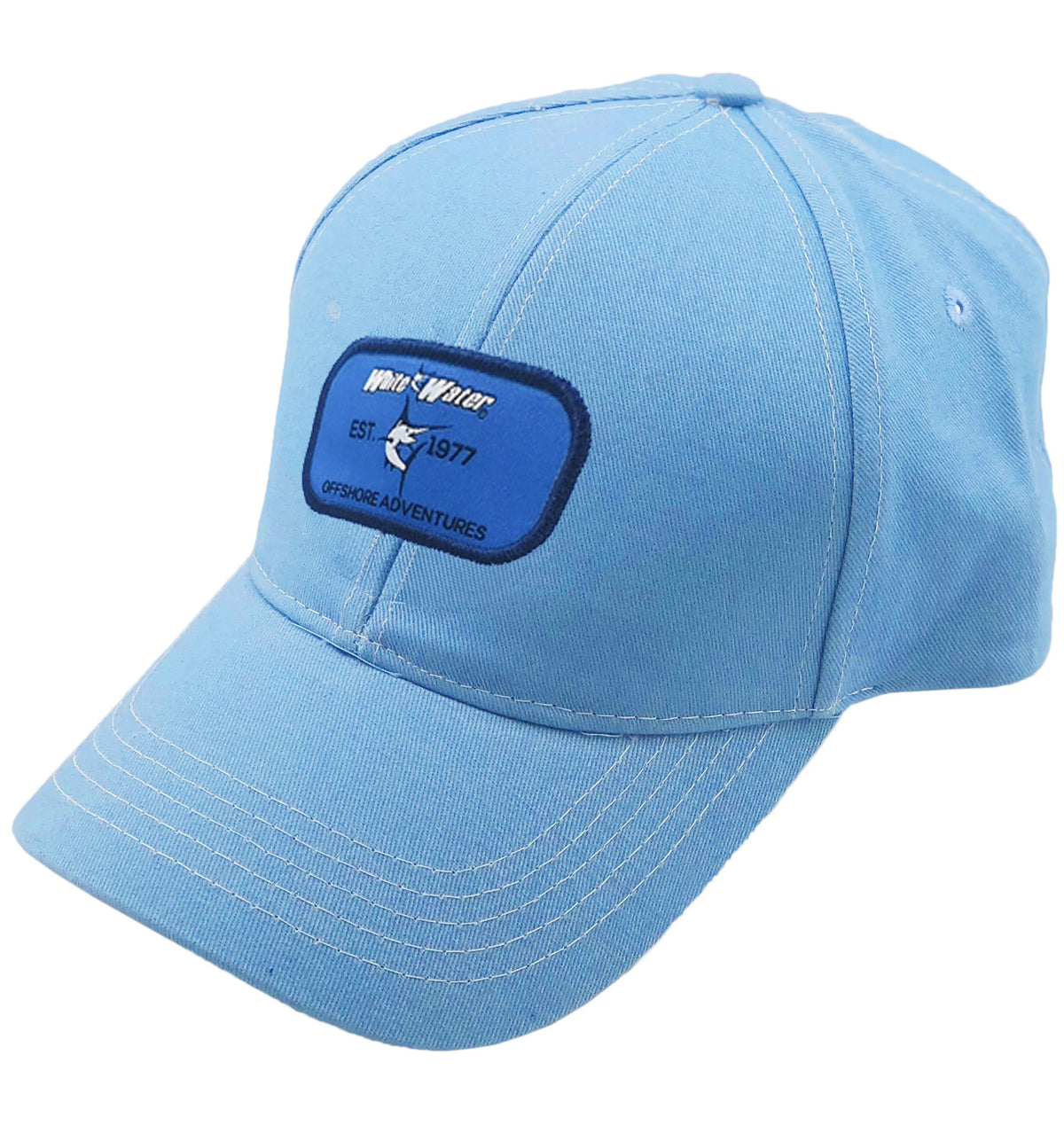 Light blue Offshore hat by White Water Life with a small patch, simple design, and comfortable fit for outdoor activities.