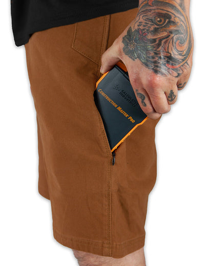 Off The Grid Surplus Havok Shorts 12-inch in tobacco color, featuring a casual fit and durable fabric, shown flat with front pockets.