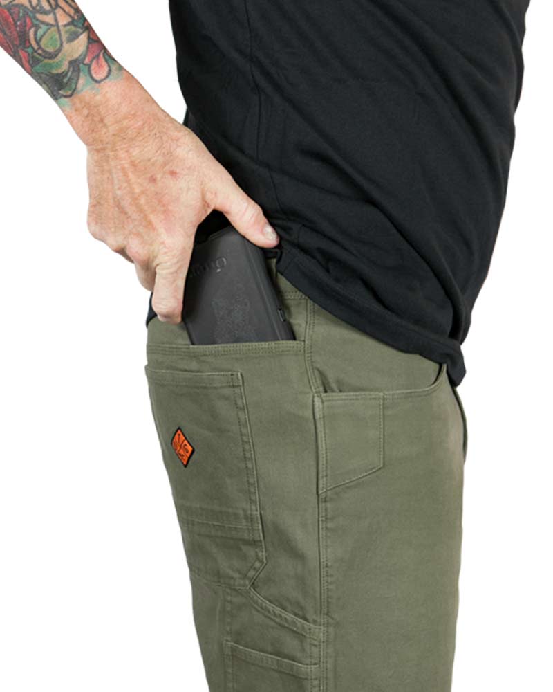 Dark olive Havok Shorts 10-inch from Off The Grid Surplus, shown from the side highlighting the durable fabric and relaxed fit.